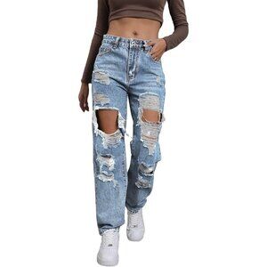 Women's Ripped High Waist Jeans Polyester Straight Leg Casual Y2K Pants